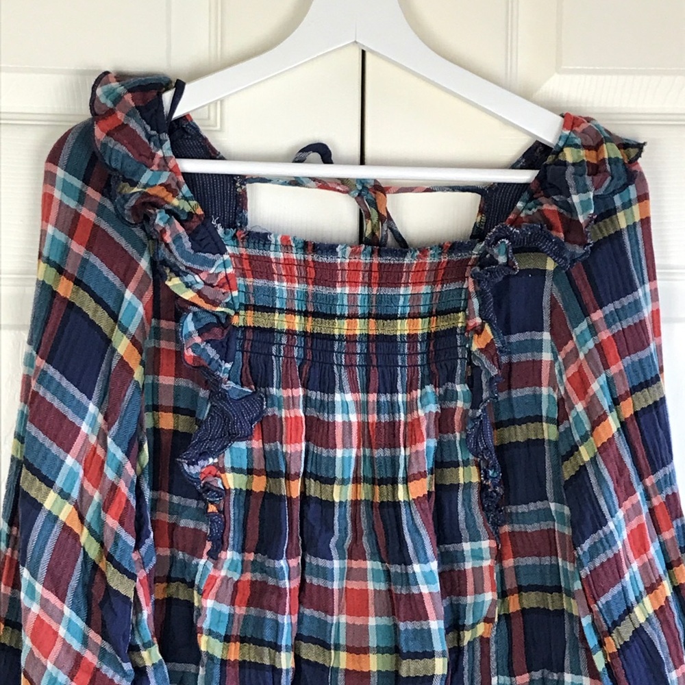 Free People Siena Plaid Pullover in Blue  Ruffled - Picture 6 of 10